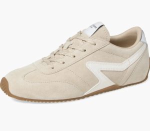 Beige suede rag & bone Retro Runner Slim Ultra Shoe with white leather side stripe and gum rubber sole, viewed from the side